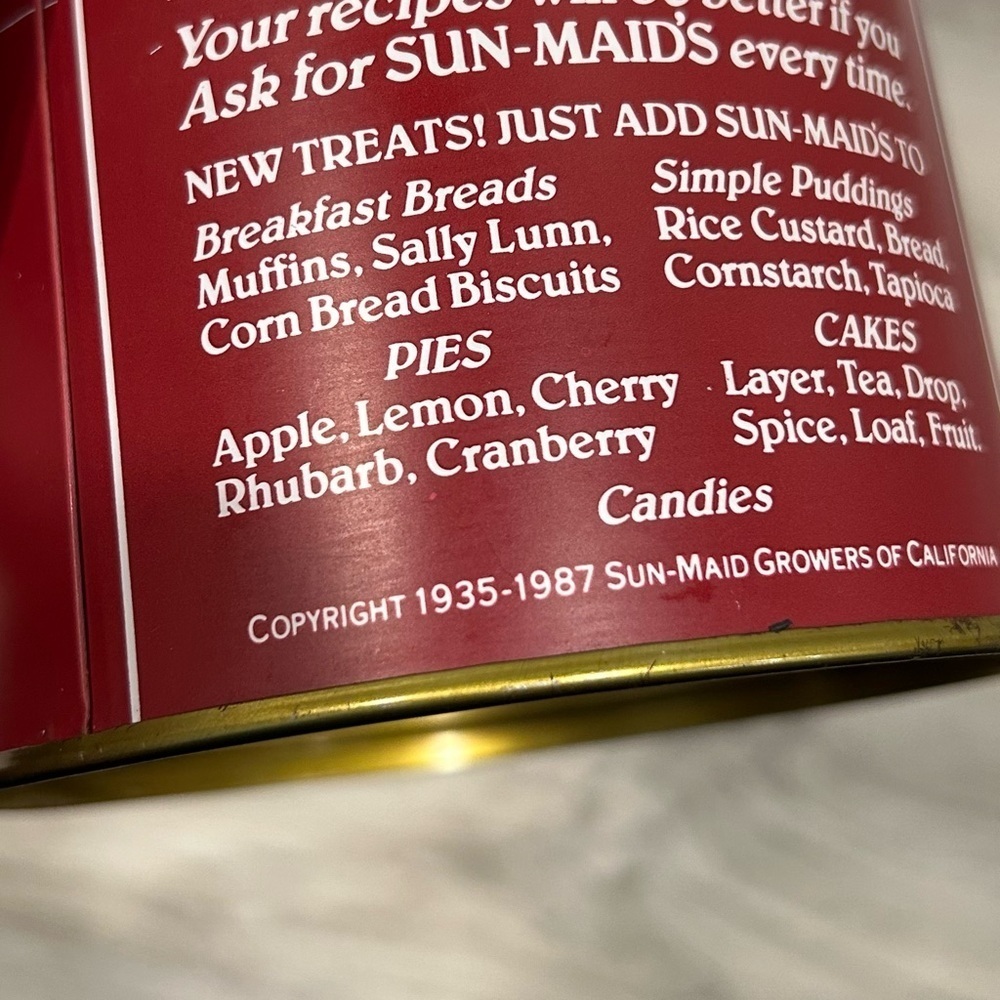 Vintage 1987 Sun Maid Raisins Aluminum Tin Fresno California USA 6” With Lid - Picture 9 of 9